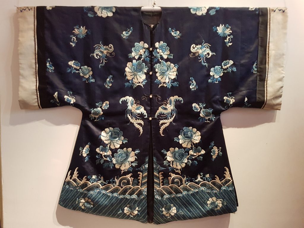 Antique Chinese black silk robe with embroidery