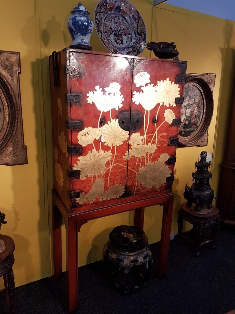 Japanese antique red lacquer collectors cabinet Meiji period