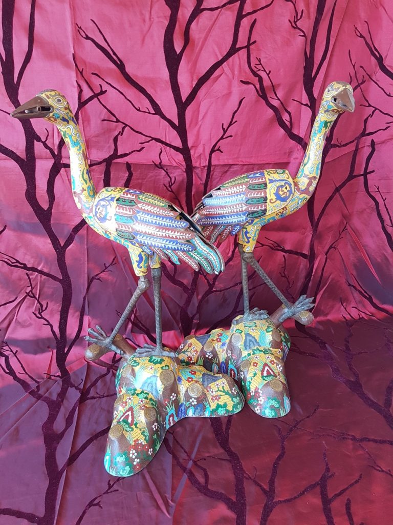 Pair of Rare Chinese Cloissonne Storks, Late Qing Dynasty