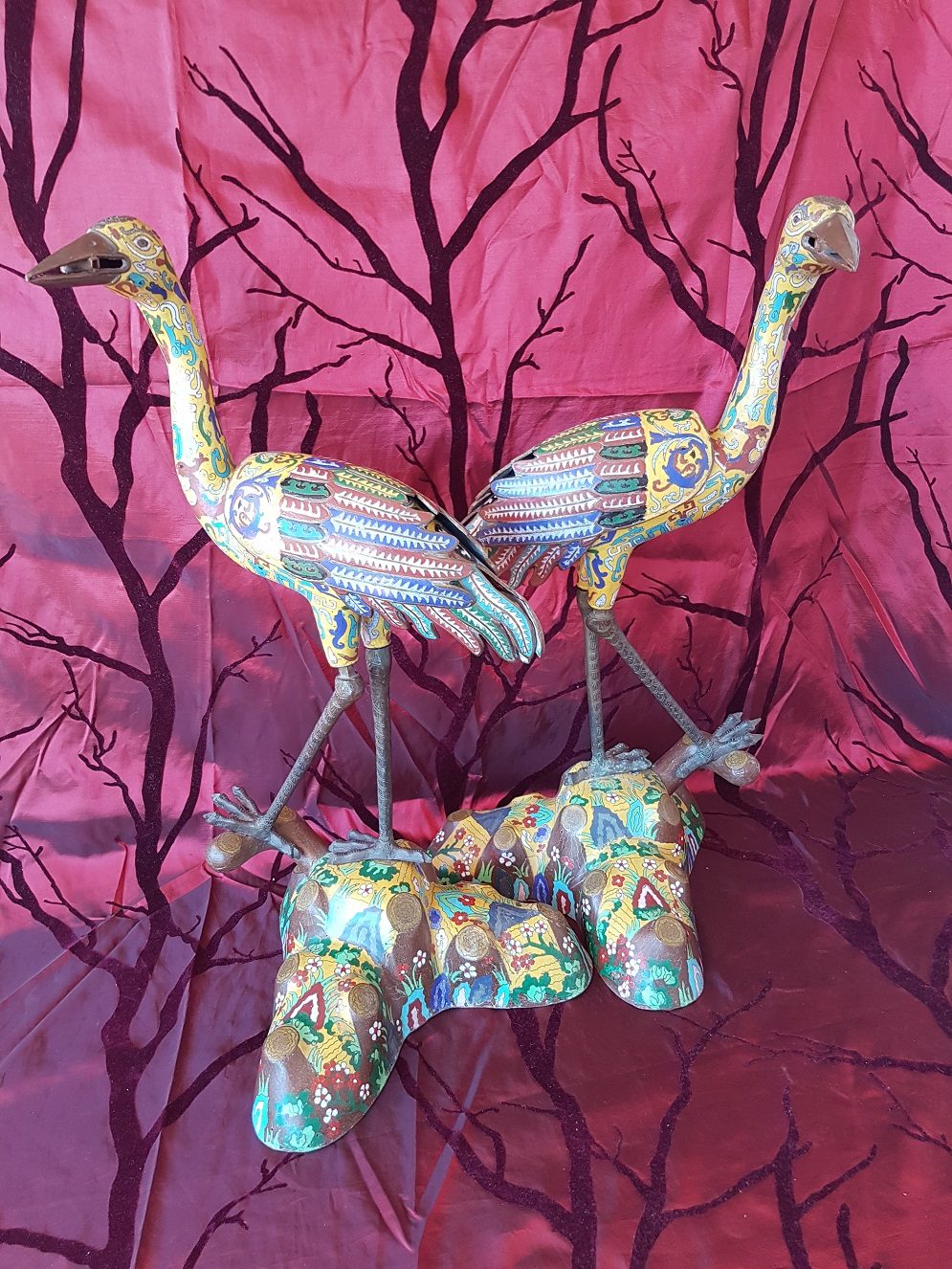 Pair of Rare Chinese Cloissonne Storks, Late Qing Dynasty 