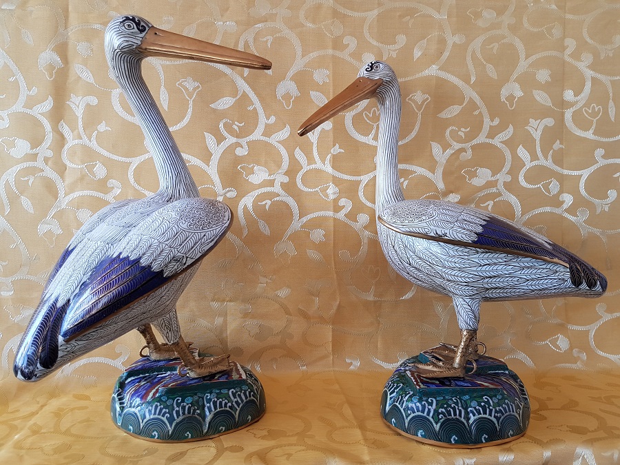 Pair of Chinese Cloisonne Pelicans high 47 cm, Mid 20th Century .