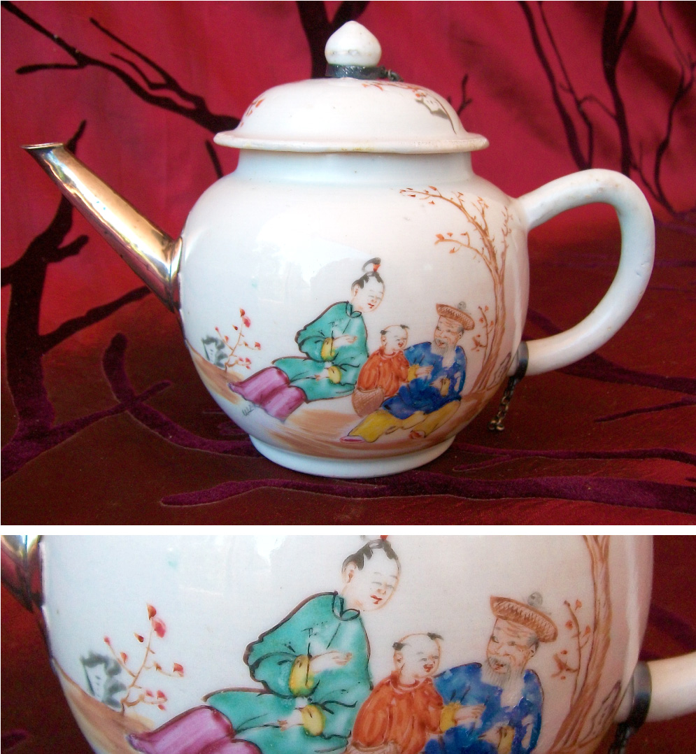 Chien-Lung-period-1735-1796-famille-rose-teapot-and-spout-with-silver-mount-with-reclyning-chinese