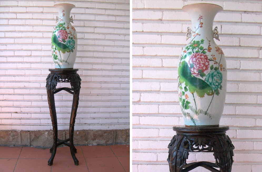Circa 1900 famille rose Chinese hocker vase and hardwood stand
