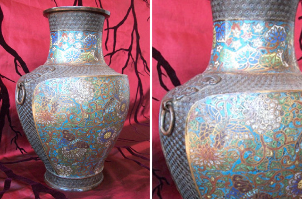 Late Qing dynasty (1644-1911) cloisonee vase with flowers and dragon flies