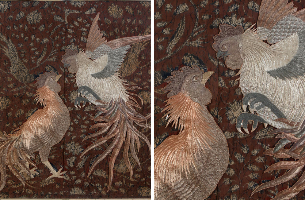 Late Qing dynasty (1644-1911) Chinese embroidery of fighting cockerels