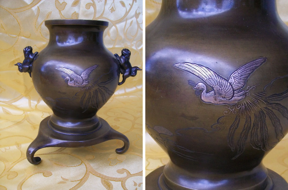 Meiji period (1868-1912) Japanese bronze vase with silver and copper inlay of bird