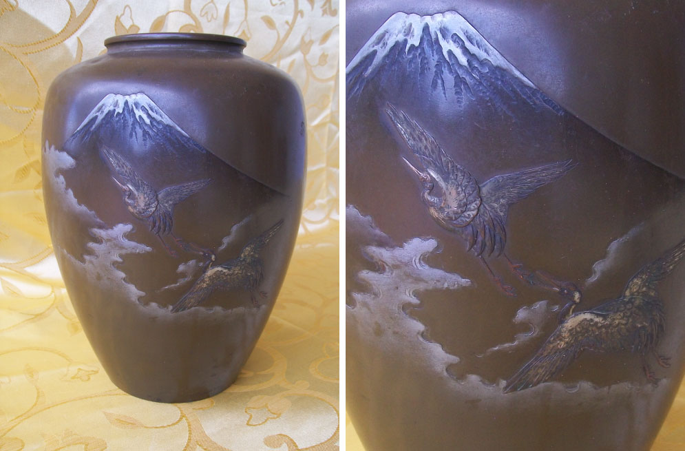 Taisho period (1912-1926) Japanese bronze vase with silver inlay of Mount Fuji with cranes