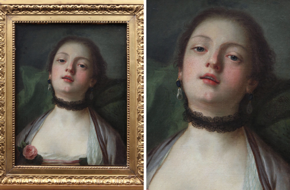 Oil on canvas portrait of erotic girl with black choker and pearl earrings