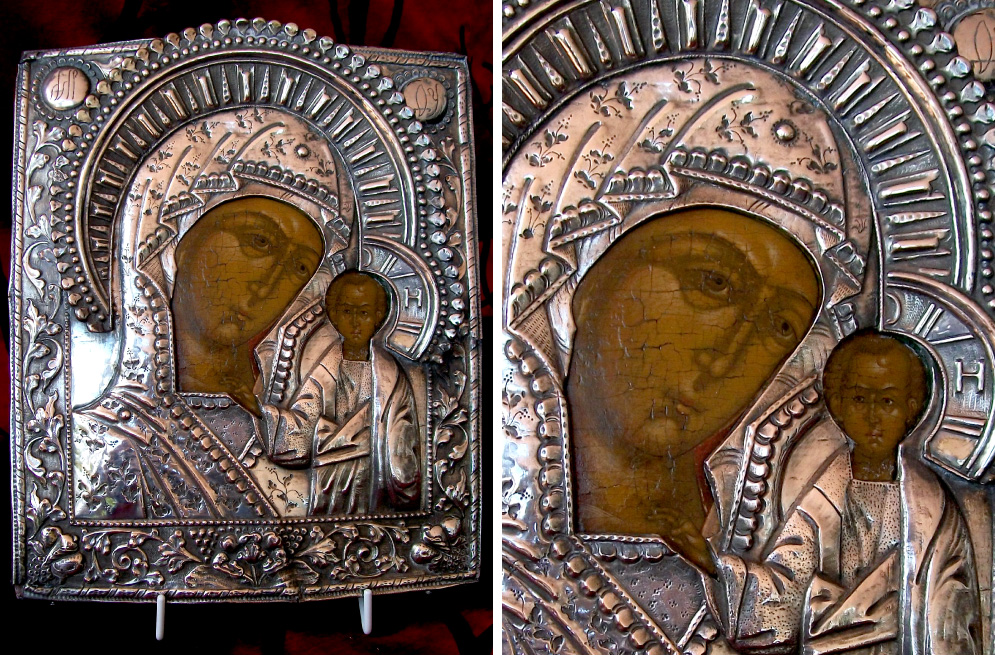 No-19-18th Century Russian Mother of God of Kazan icon with-a-handsome-hand-hammered-hallmarked-silver-rizza